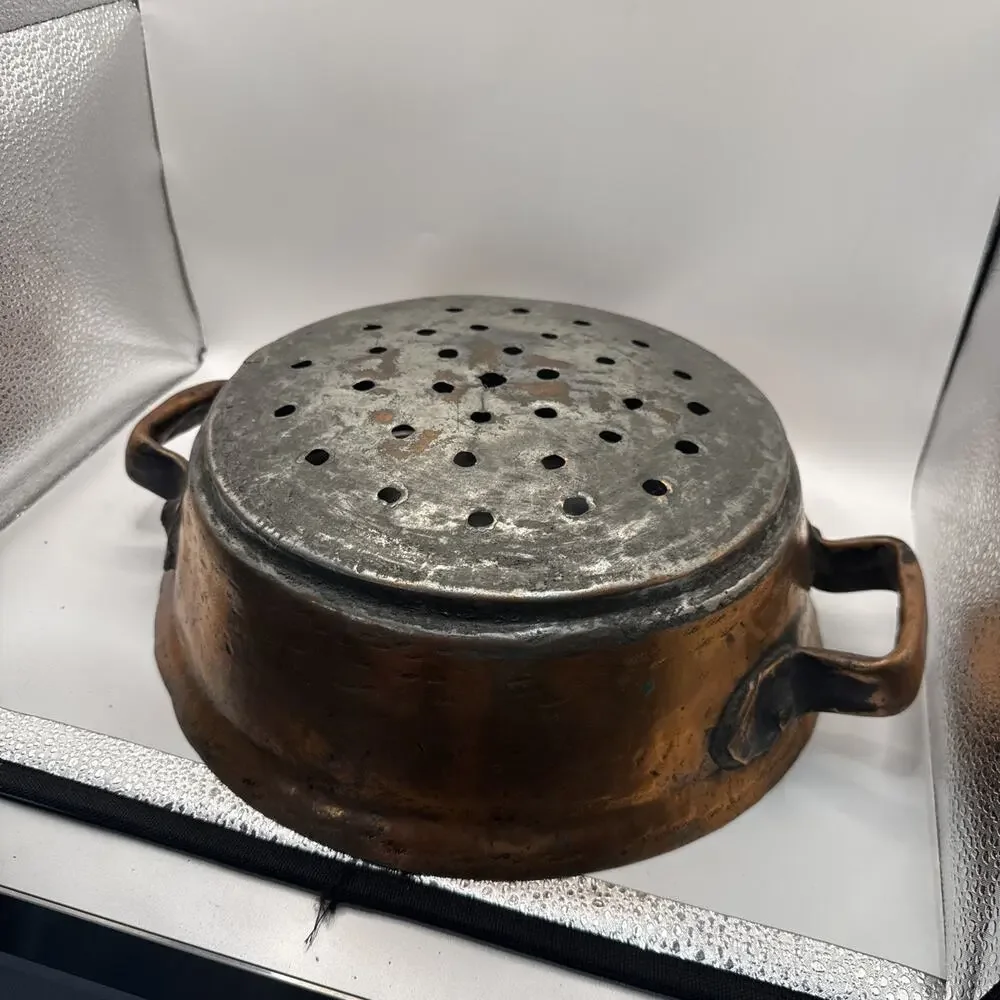 Antique Hand Hammered Copper Colander With Riveted Handles Heavy